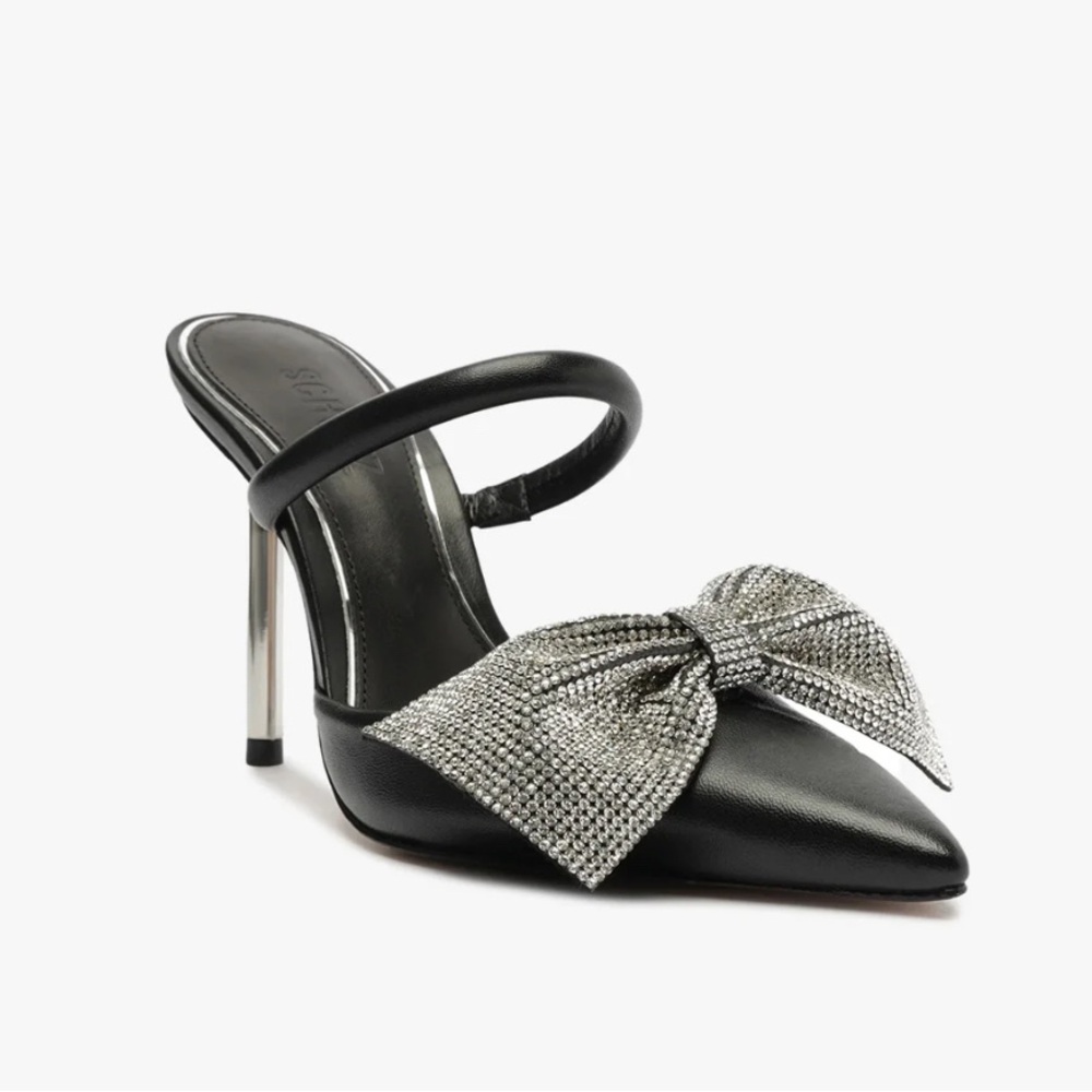 New MILA NAPPA LEATHER PUMP schutz black bow mule rhinestones 5.5